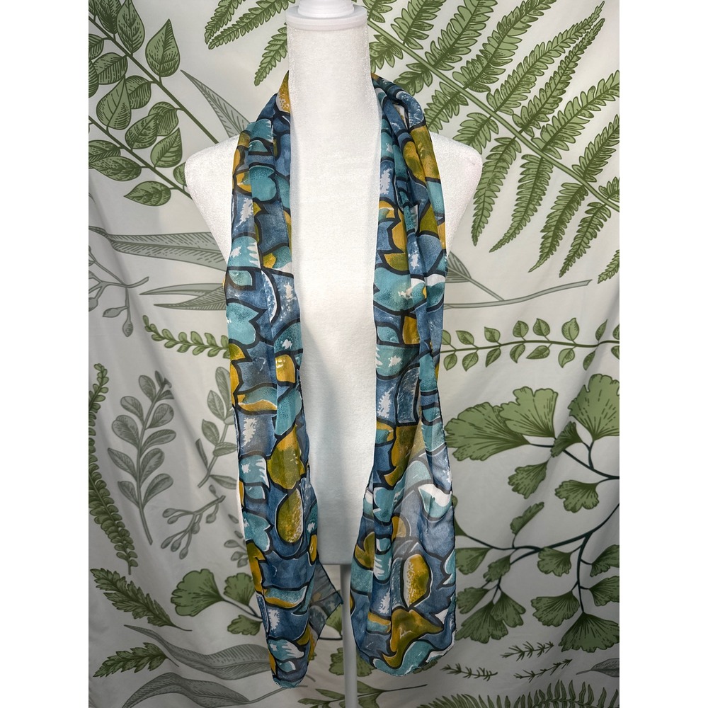 Liz‎ Sinclair Blue Yellow Abstract Floral Print Scarf Lightweight Polyester